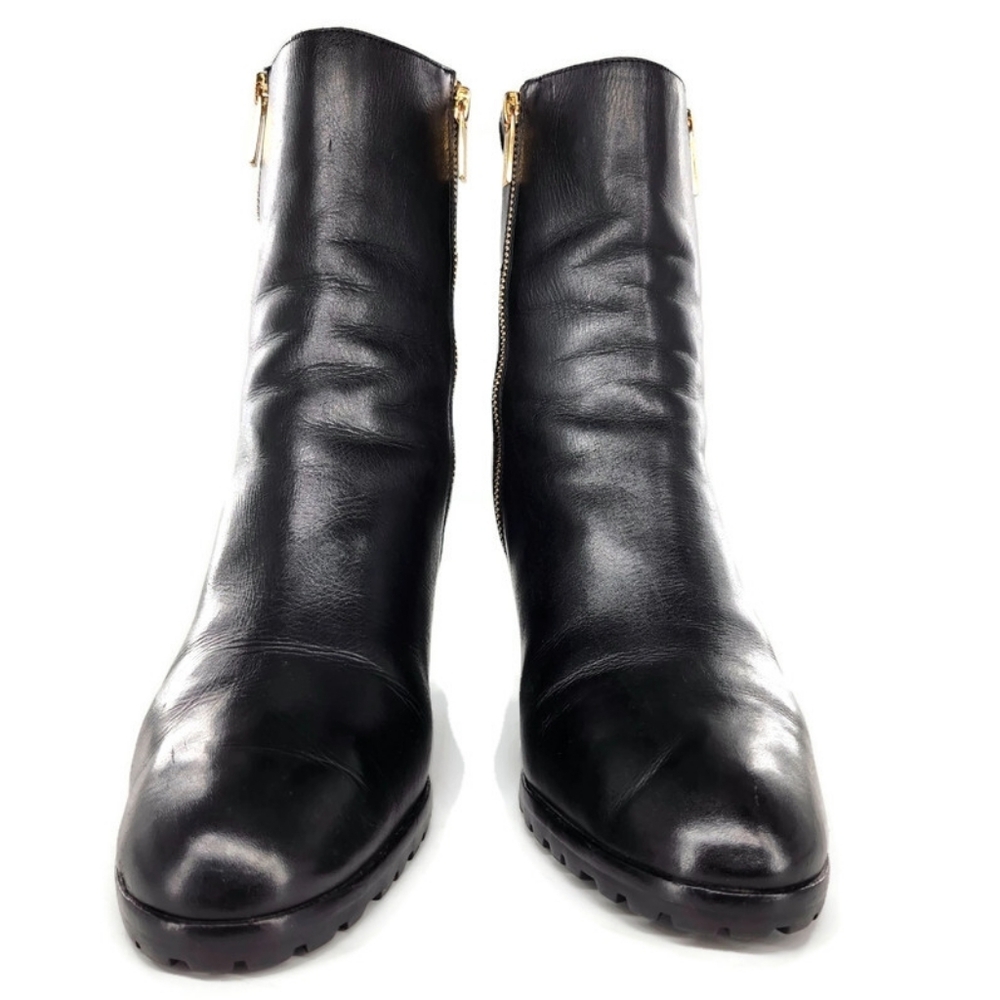 Michael Kors Aileen Black Leather Dual Gold Zip Wedge Heel Lug-Sole Ankle Boots - Picture 3 of 12